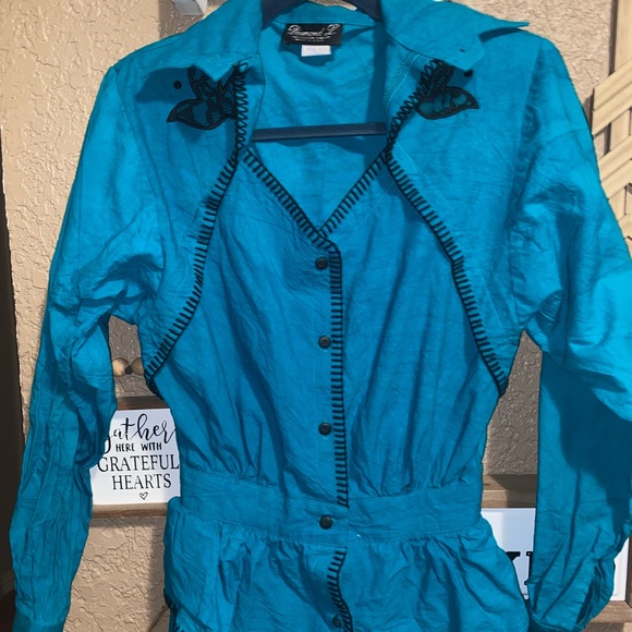 Vintage Diamond L Western Wear Dress Teal Lace Accents Size 9/10 - Picture 1 of 4